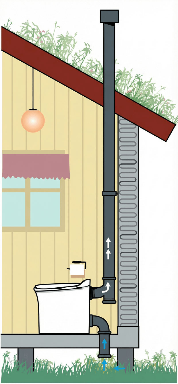 Coupe de principe des toilettes sèches à séparation : collecte séparée des urines et des matières, ventilation en toiture