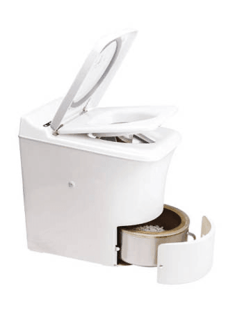 Toilettes sèches à séparation, tiroir de collecte ouvert