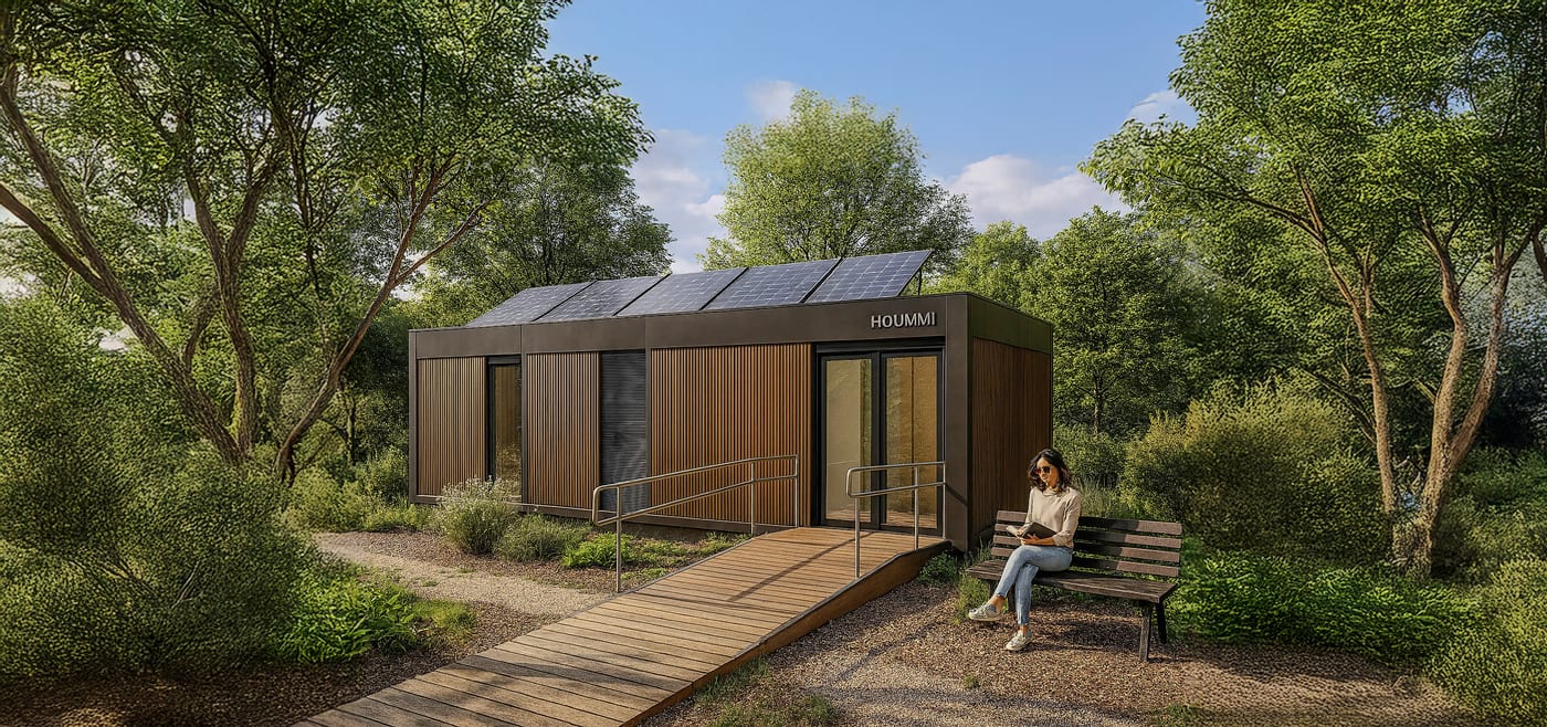 Projection d'un module Hoummi en sous-bois, panneaux solaires en toiture et lettrage HOUMMI en façade
