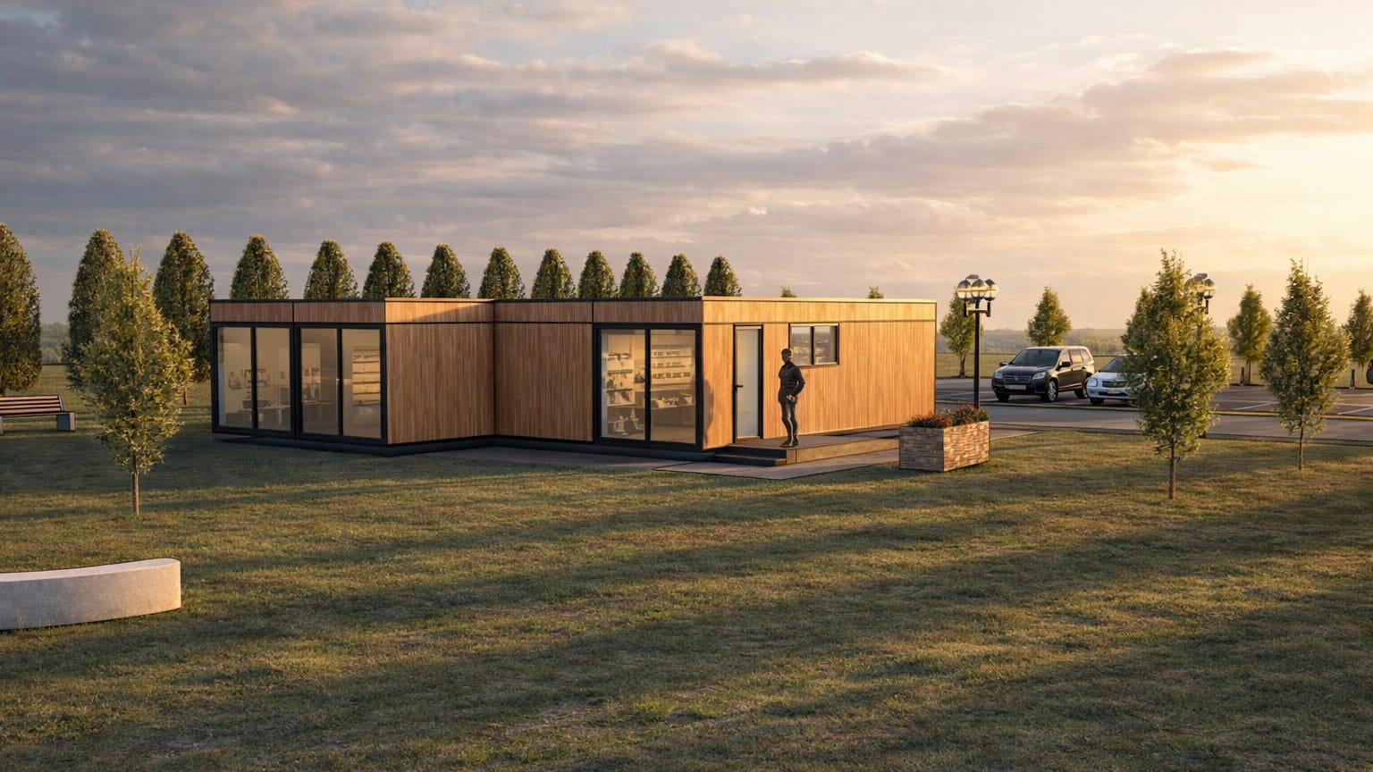 Module Hoummi en L bardé bois au soleil bas, alignement de jeunes arbres