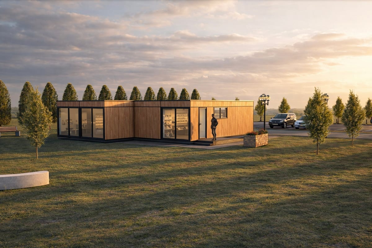 Module Hoummi en L bardé bois, vitrages toute hauteur sur deux faces, alignement d'arbres et parking en second plan
