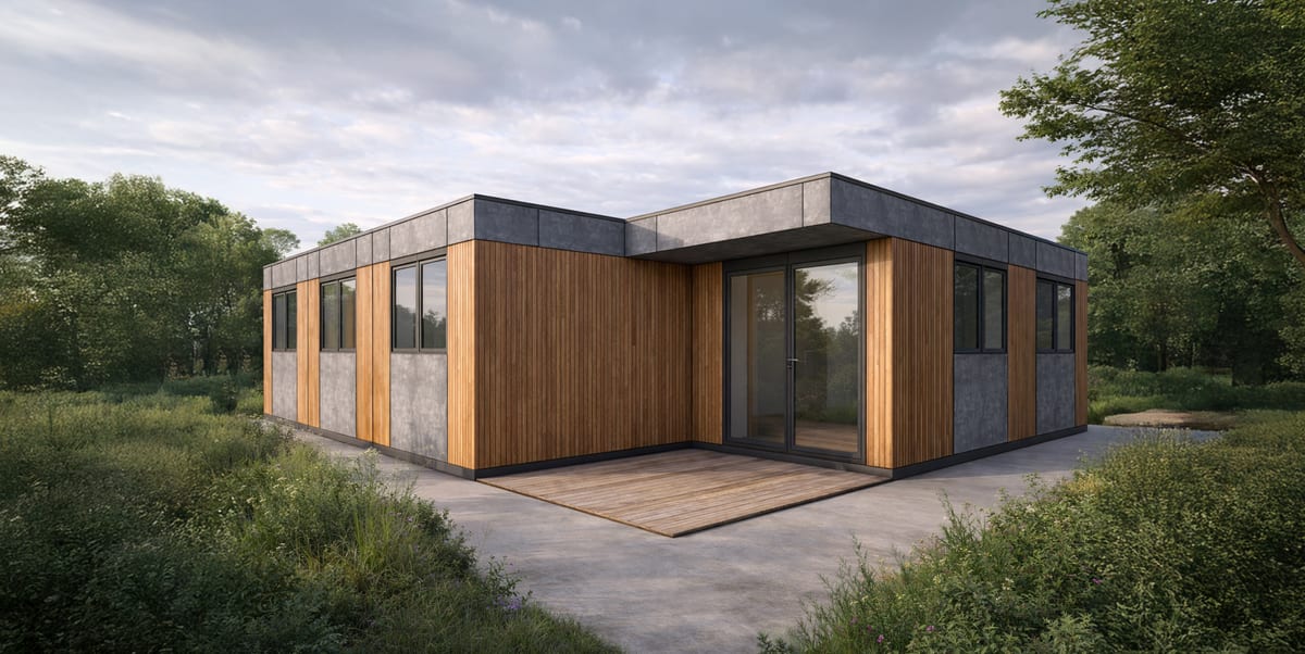 Module Hoummi en L à bardage bois et béton, terrasse abritée par le retour de volume