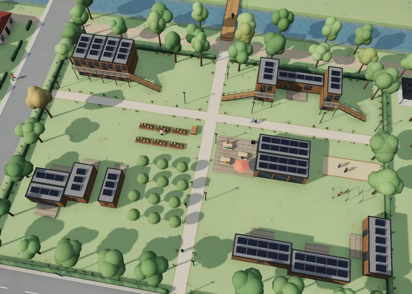 Le même village en 3D, vu de dessus : des groupes de modules de plain-pied et à l’étage autour d’une cour plantée.
