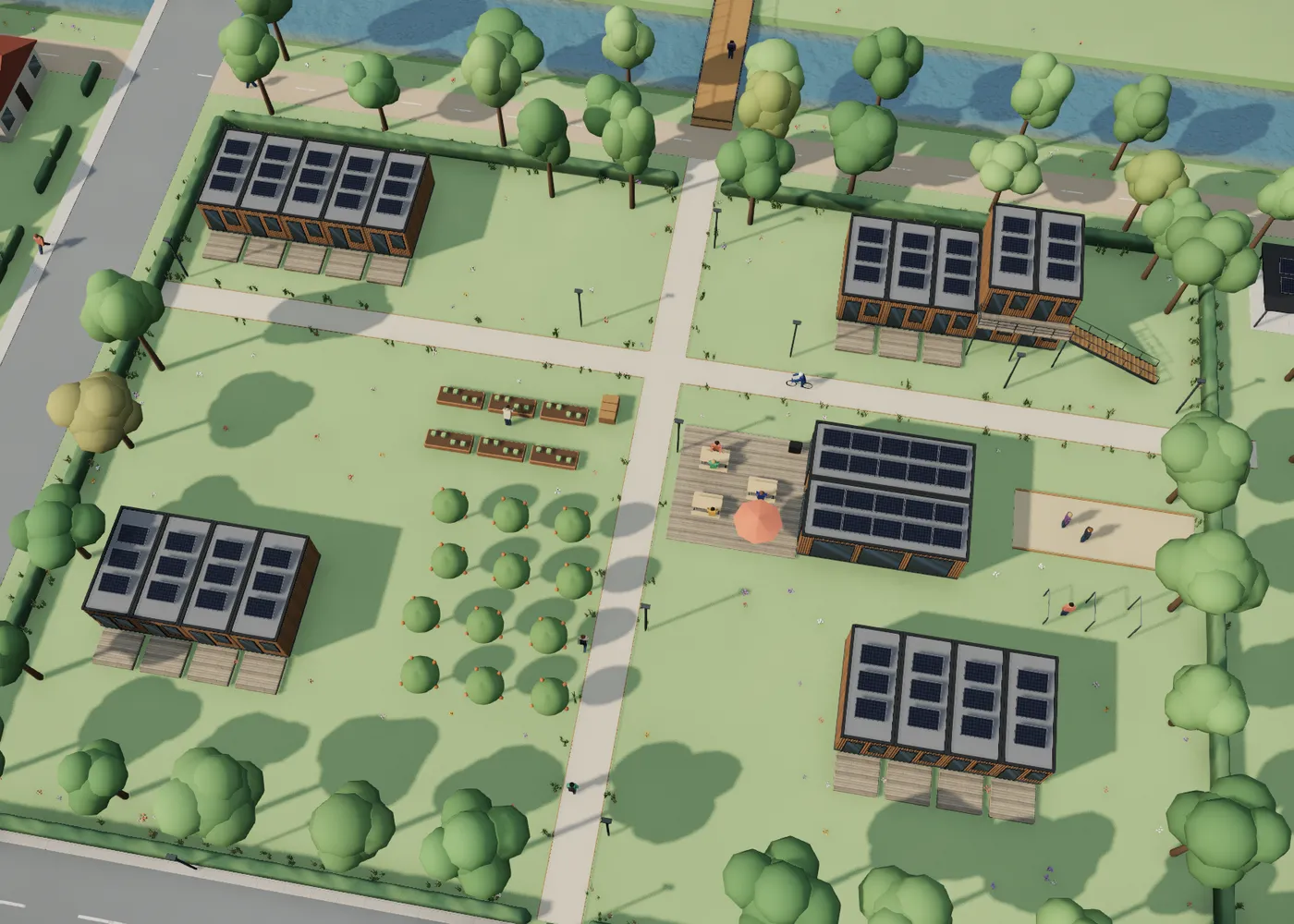 Le même village en 3D, vu de dessus : des rangées de modules accolés et leurs terrasses, entre des jardins et des allées.