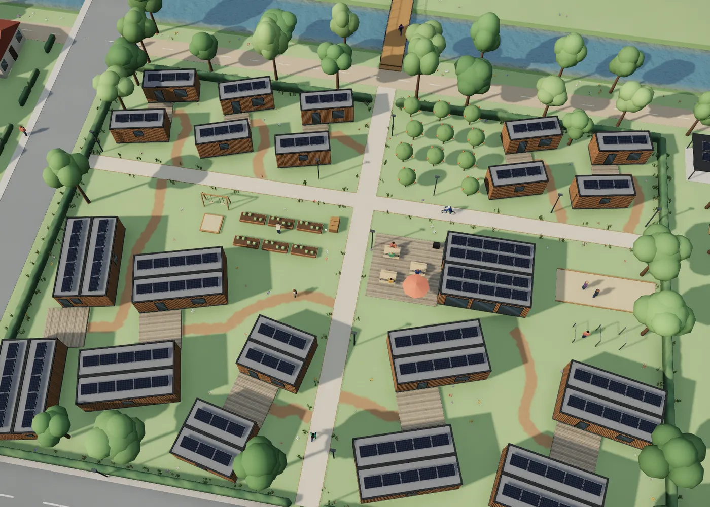 Le même village en 3D, vu de dessus : des paires de logements autour de terrasses en bois, un verger et une aire de jeux.