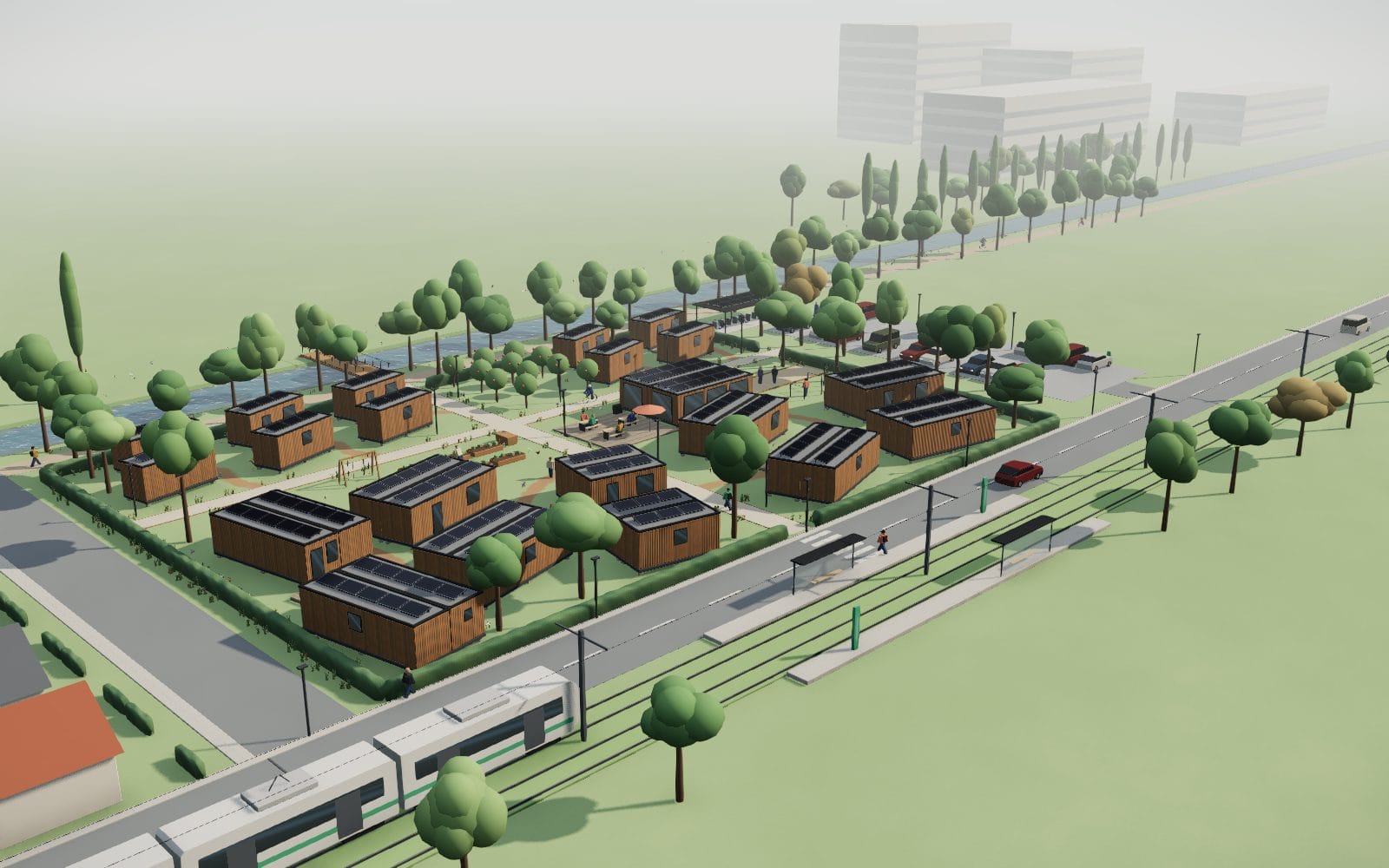 Un micro-village Hoummi : des logements modulaires de plain-pied groupés deux à deux autour de terrasses partagées, au bord d’un espace vert.